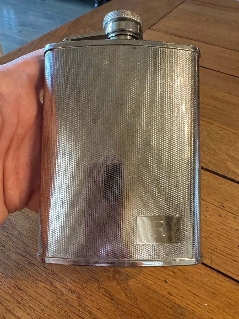 R Monogrammed Silver Metal Hip Flask -  Stainless Steel Pocket Flask